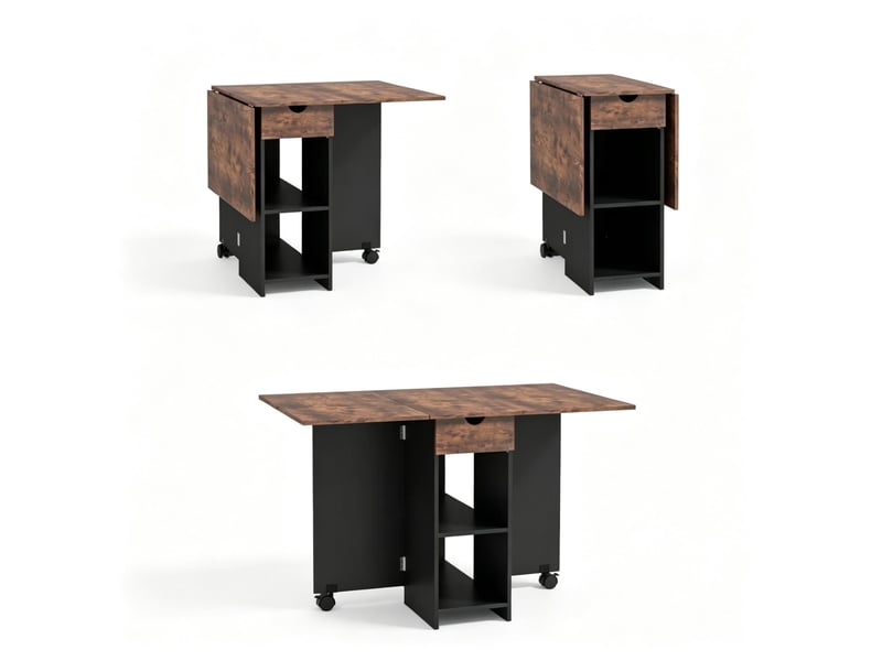 Table à manger pliant extensible 120 cm, table cuisine avec 2 rallonges rabattables pour 2 à 4 personnes, gain de place avec rangement - noir et bois - Conforama A