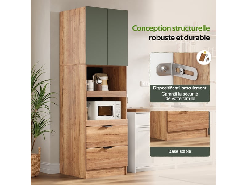  Armoire de cuisine contemporaine multi-rangement 2 portes 2 grand tiroirs et 2 niches vert  - Conforama E