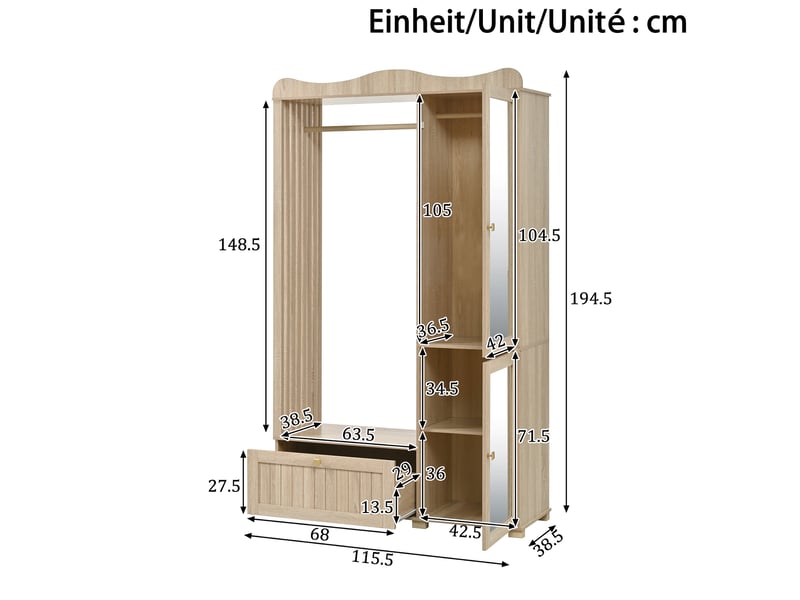  Armoire penderie 115,5x38,5x194,5 cm ouverte, miroir pleine longueur, 2 portes et tiroir, mdf, coloris de chêne  - Conforama C
