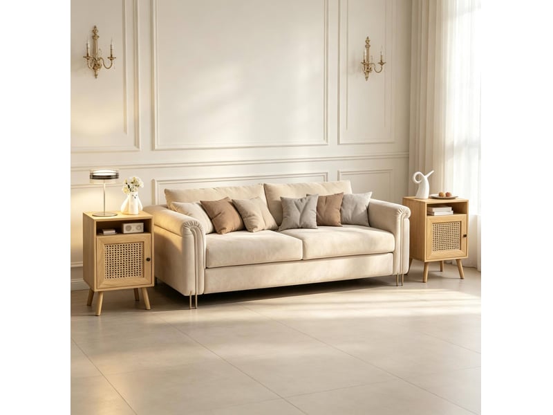 Lot de 2 tables de chevet avec niche et porte en rotin, coloris naturel - Conforama C