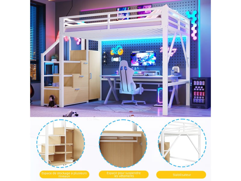  Lit mezzanine 140x200 cm en métal et mdf avec compartiments, armoire et éclairage led intégré, blanc  - Conforama E