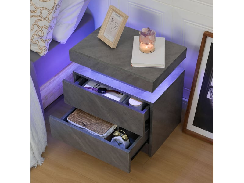  Table de chevet led gris foncé, 2 tiroirs, design moderne  - Conforama E