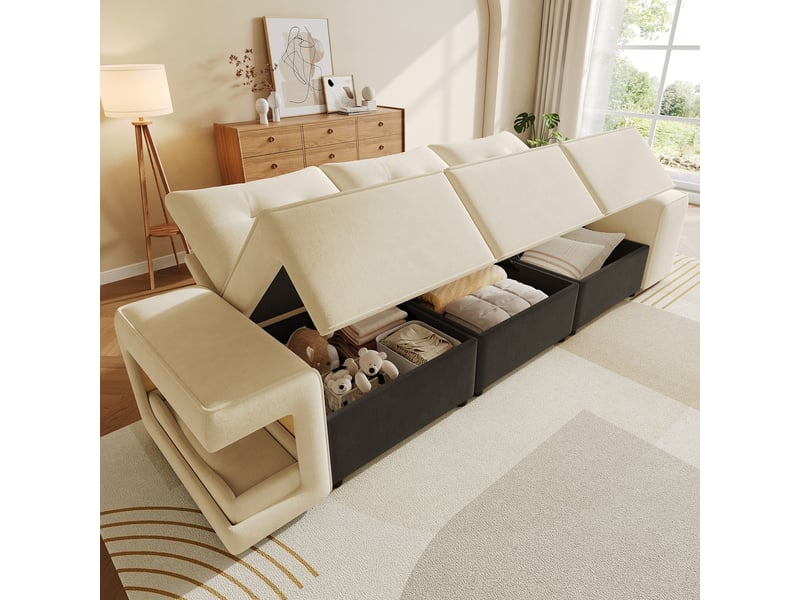 Canapé droit 3 places modulaire, velours beige avec accoudoirs larges, fonction rangement intégré & niche animaux pour salon et appartement - Conforama B