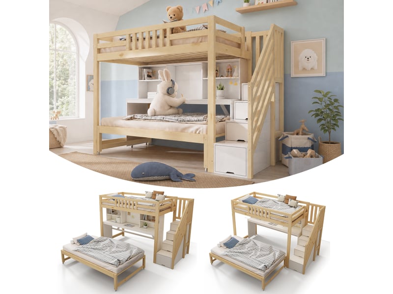  Lit mezzanine 90x200 cm avec lit gigogne 90x190 cm, bureau et escalier Fay Lum - Conforama B