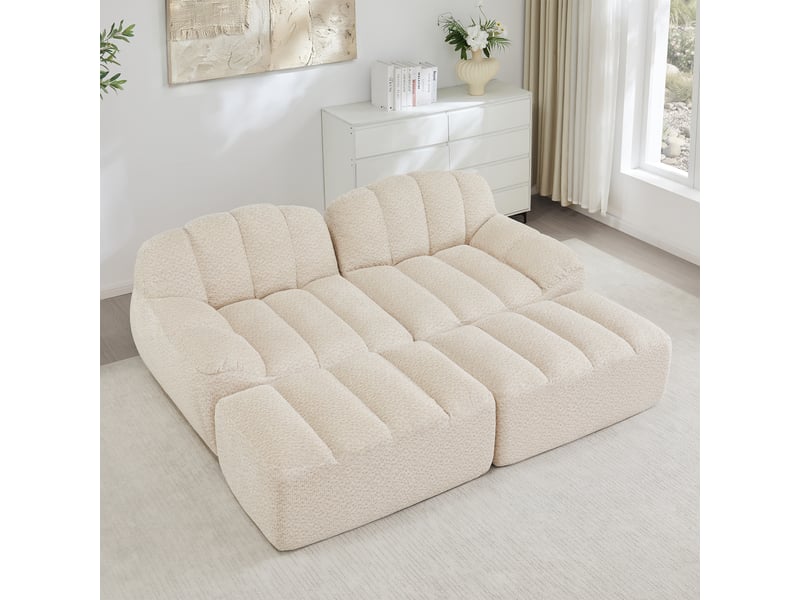  Canapé panoramique coquille 2 places, 2 poufs beigeblanc – 210 x 165 x 79 cm Fay Lum - Conforama W