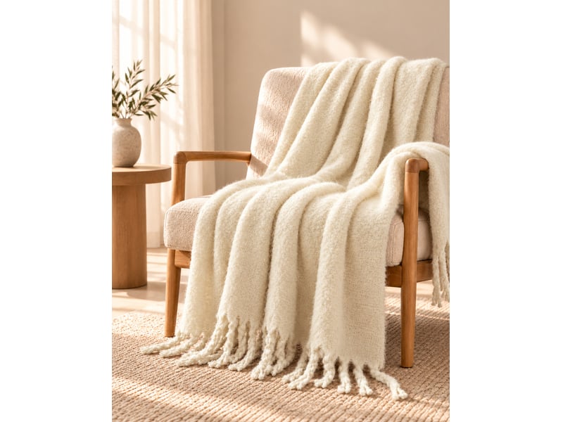  Plaid melia ivoire 130 x 170 cm tricot uni franges tressées 15698 - Conforama A