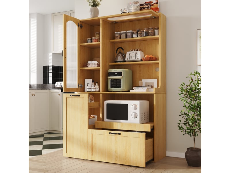  Buffet cuisine avec portes vitrées et 1 tiroir, 98 x 40 x 177 cm, étagère coulissante, niches ouvertes et verre cannelé, mdf, couleur bois Morn Vibe - Conforama D