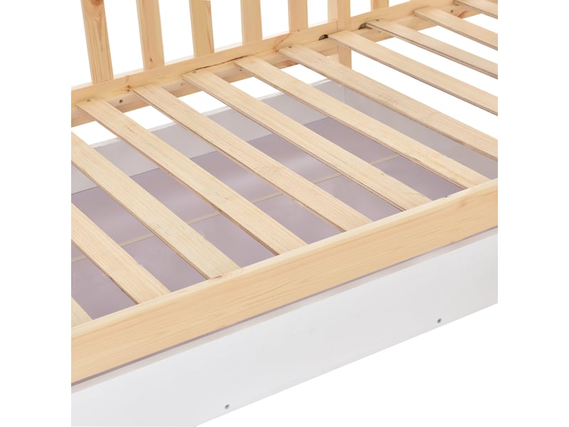 Lit cabane enfant 90x200 cm en bois massif avec tiroir et étagères, structure en l, naturel - Conforama R