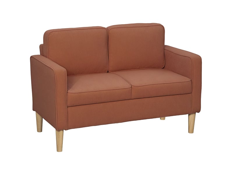 Canapé 2 places 117 x 63 x 79 cm accoudoirs rangement intégré revêtement à effet côtelé pieds en bois coussins inclus coloris rose - Conforama A