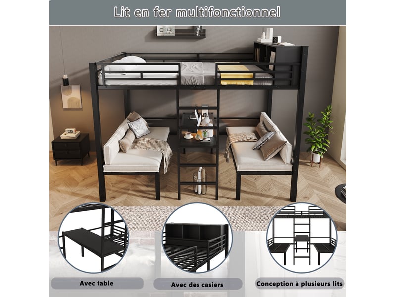  Lit superposé 3 couchages 120x200 cm avec 2 banquettes 60x120 cm convertibles en couchage, étagère, échelle droite, structure métal noir, en 747  - Conforama E