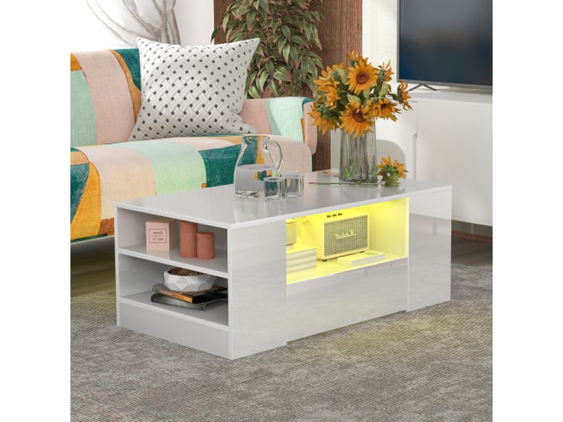  Table basse de salon blanc brillant avec led, 2 tiroirs et 2 niches de rangement, 95x53x37 cm  - Conforama E