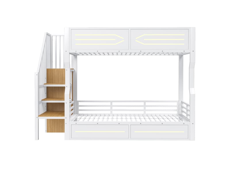  Lit mezzanine 90x200 cm avec led et escalier de rangement, garde-corps haut, métal et bois blanc, sans matelas  - Conforama D