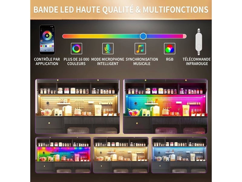 Buffet haut noir 1 porte relevable meuble de rangement étroit avec éclairage led 145x39x171 cm  - Conforama E