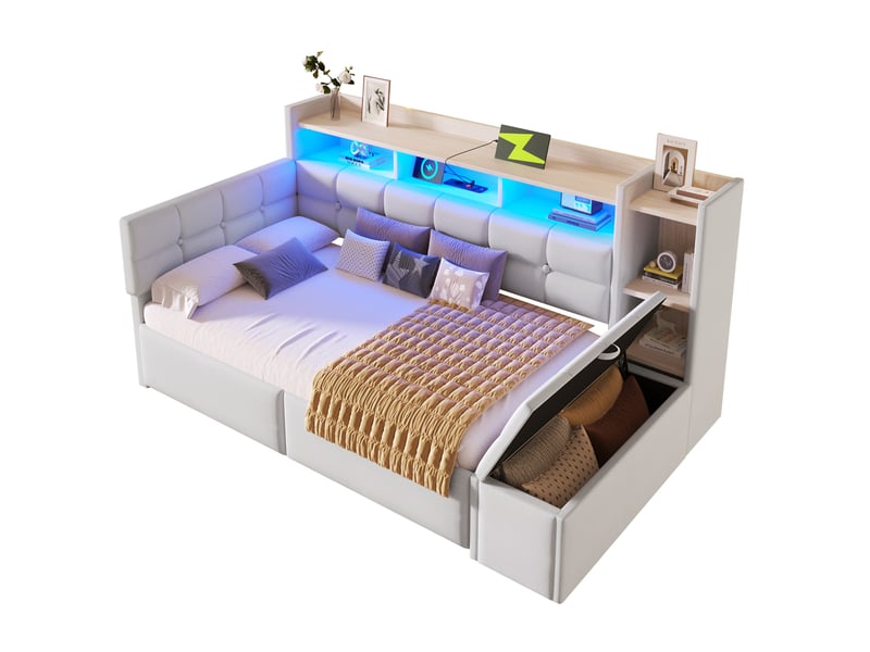  Modenvie lit banquette 90x190 cm - velours, led multicolore et ports usb-c, sans matelas - blanc  - Conforama A