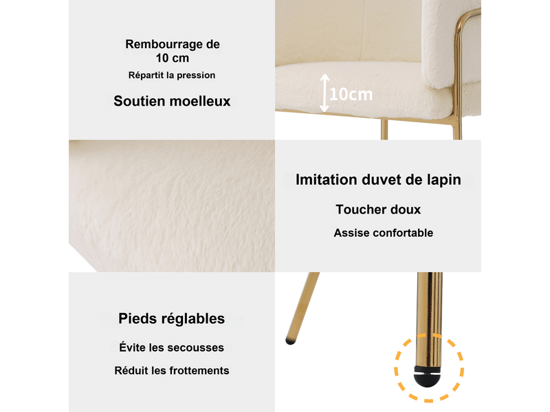  Chaise de salle à manger avec accoudoirs, lot de 6, fausse fourrure blanche, pieds métal doré, style chic, pour chambre ou coiffeuse  - Conforama D