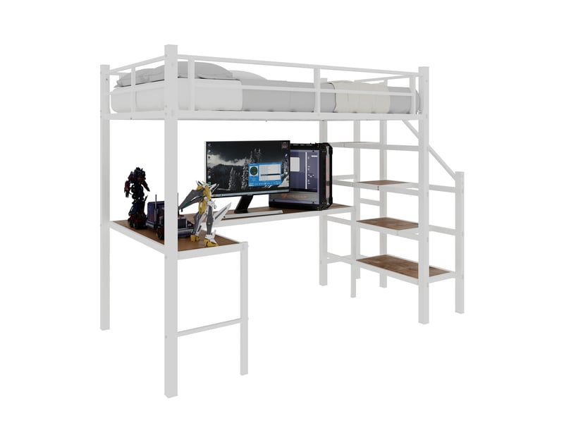 Lit mezzanine 90x190 cm avec bureau en l, cadre de lit adulte, lit 1 personne lit adulte, blanc - Conforama B