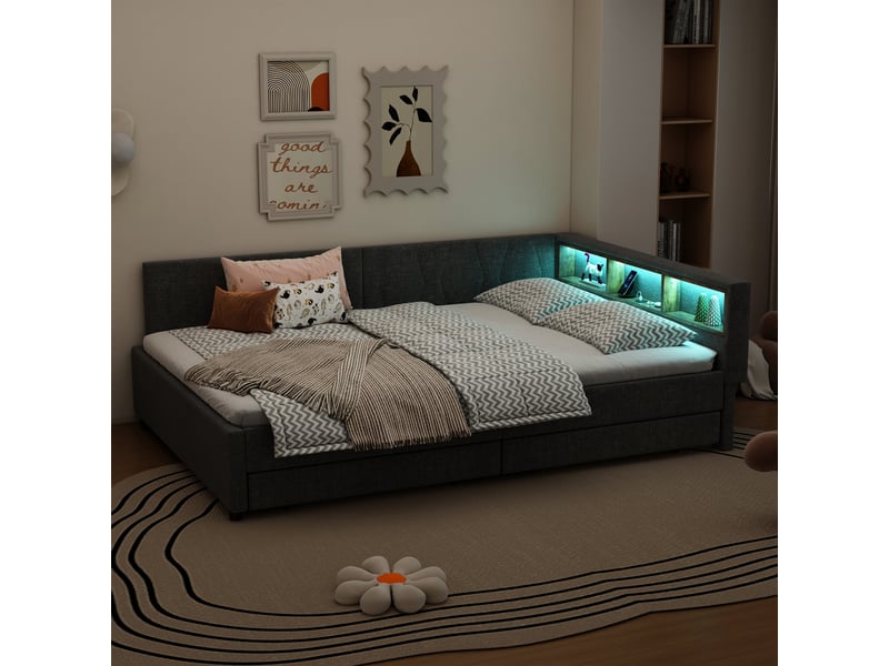  Lit en lin et mdf gris 145x210 cm  - Conforama E