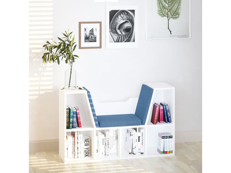  Étagère avec siège intégré, bibliothèque à 6 compartiments, coussin pour salon ou chambre, 102 x 30 x 61 cm, blanc et bleu  - Conforama C