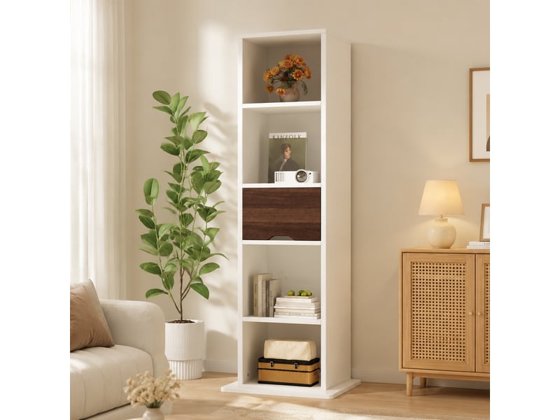 Meuble de rangement pivotant 45x45x168cm blanc - colonne miroir avec étagères ouvertes et tiroir - Conforama E
