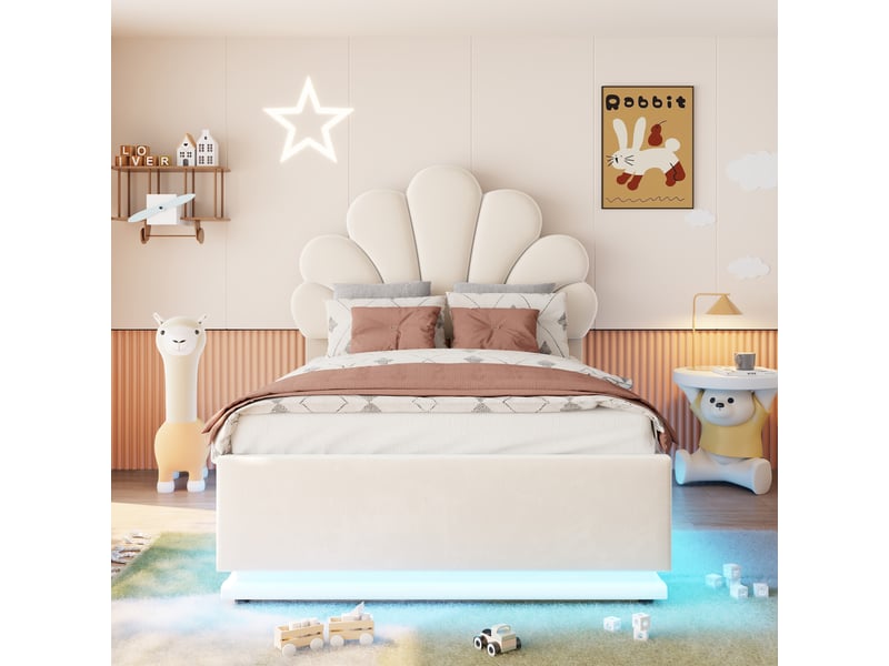 Lit coffre 90x200 cm - lit 1 place avec rangement hydraulique, tête de lit fleurie et led - cadre métal - beige - Conforama D