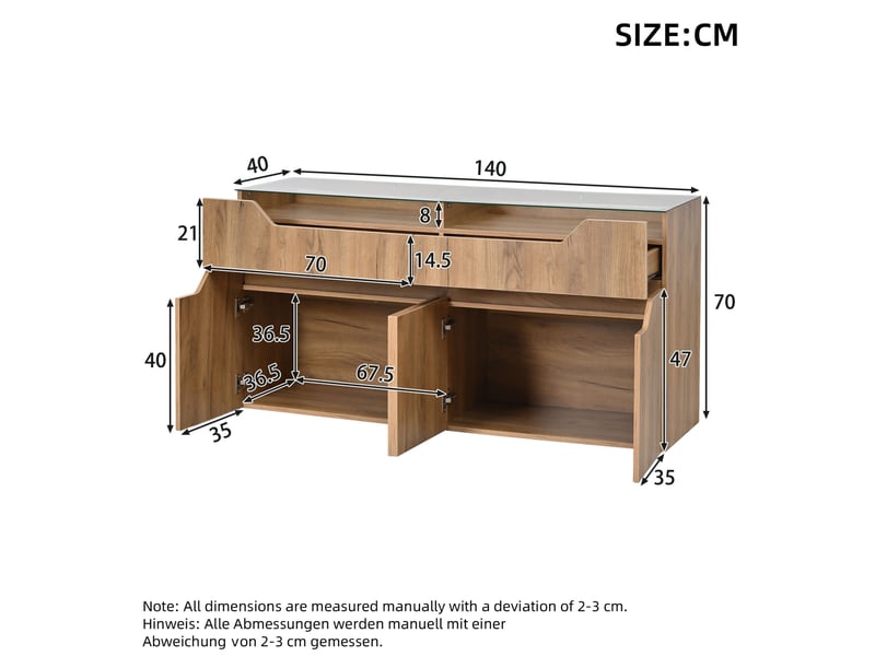  Buffet bas 140x40x70 cm naturel en mdf, 2 tiroirs, verre trempé et led  - Conforama C