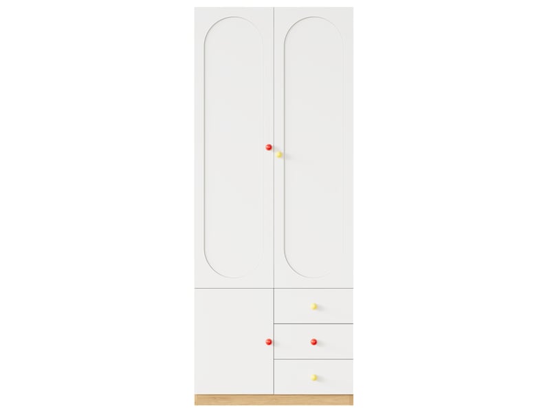  Armoire 2 portes avec tiroirs, meuble enfant blanc, tringle et poignées en céramique colorées  - Conforama A