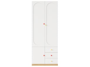 Armoire 2 portes avec tiroirs, meuble enfant blanc, tringle et poignées en céramique colorées