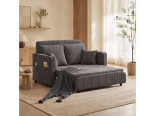 Canapé droit convertible 2 places en tissu gris avec usb, porte-gobelets et rangement, idéal petit espace