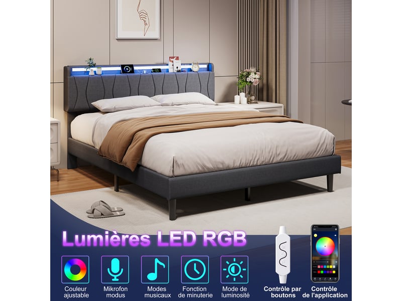 Lit capitonné 140x200 cm, lit 2 place avec led et usb, lit adulte avec sommier à lattes,gris lin lit double, sans matelas  - Conforama D