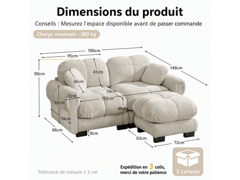  Canapé d'angle modulable 2 places 190×149×90 cm en chenille avec pouf mobile kaki clair chicfurn  - Conforama C