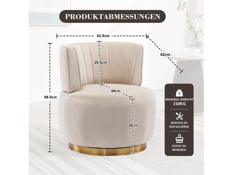  Fauteuil pivotant à 360° 62,5x62x69,5 cm, assise moelleuse velours, structure métal, canapé une place, beige et doré  - Conforama C
