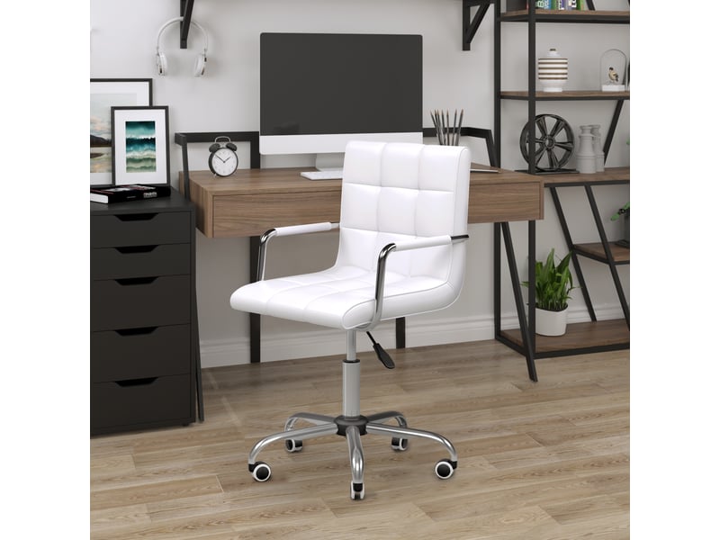  Chaise de bureau en similicuir blanc avec 5 roulettes pivotantes, assise rembourrée et hauteur réglable, 52,5 x 54 x 84-99 cm  - Conforama C