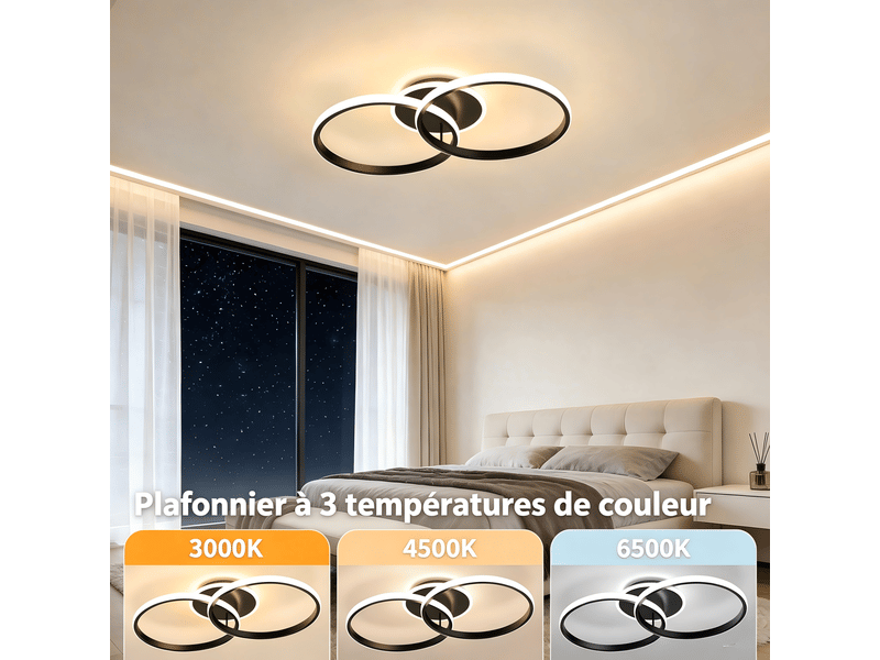  Plafonnier led 50x30 cm double anneau, luminaire de plafond 36 w 4320 lm avec 3 températures de couleur et fonction mémoire, design moderne, noir Seren Glow - Conforama D