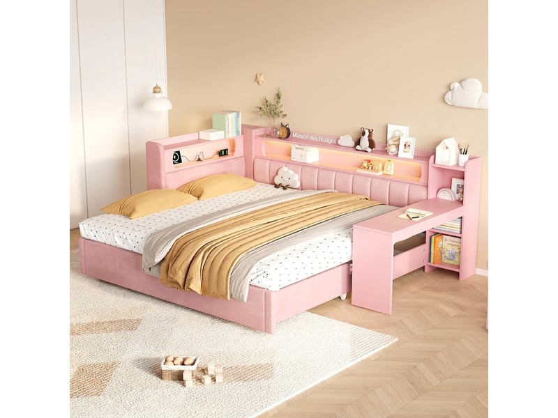  Lit gigogne extensible 90x200 à 180x200 rose avec bureau intégré et port usb sans matelas  - Conforama B