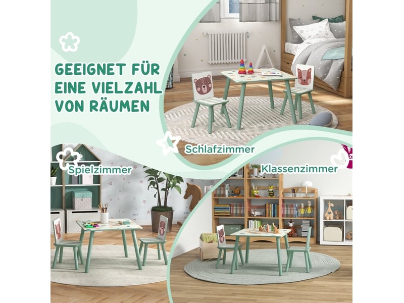  Ensemble table et 2 chaises enfant 60 x 60 cm vert en bois, motifs animaux pour activités 3 à 8 ans  - Conforama D
