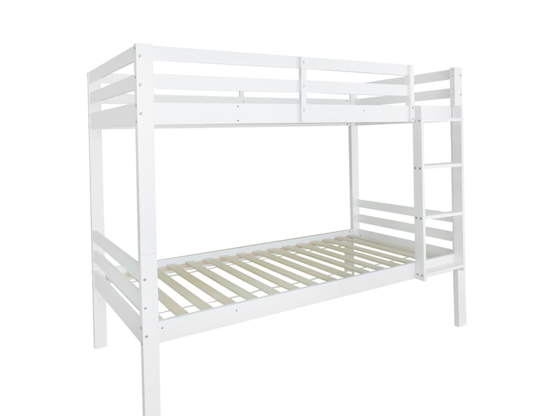  Lit superposé pour enfant, lit enfant avec échelle inclinée à trois marches et protection antichute, lit divisé en 2 lits simples, lit junior, lit simple, cadre en pin, blanc, 90 x 200 cm  - Conforama E