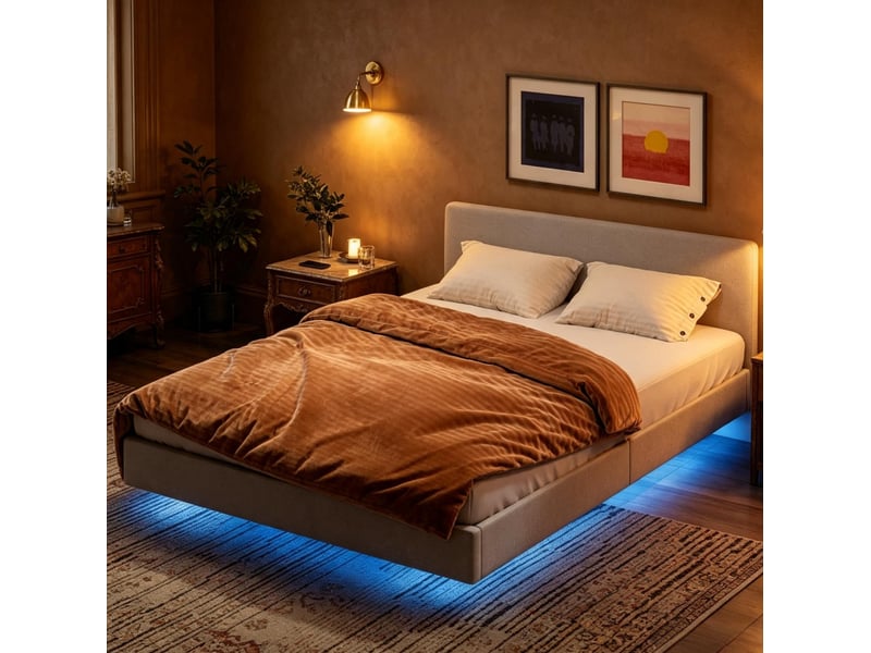 Cadre de lit double 140x190 cm avec sommier à lattes et éclairage led beige chicfurn - Conforama B