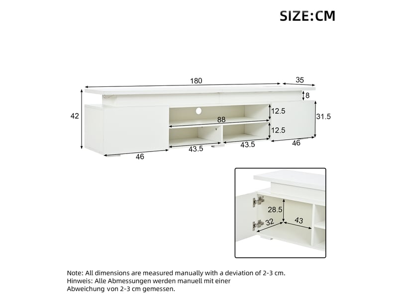  Meuble tv led 180x35x42 cm - 2 portes et niches ouvertes - mdf blanc  - Conforama C