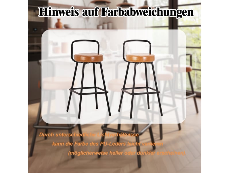  Tabouret de bar avec dossier ergonomique, repose-pieds et assise rembourrée, en pu cuir marron 37 × 37 × 90,5 cm  - Conforama E
