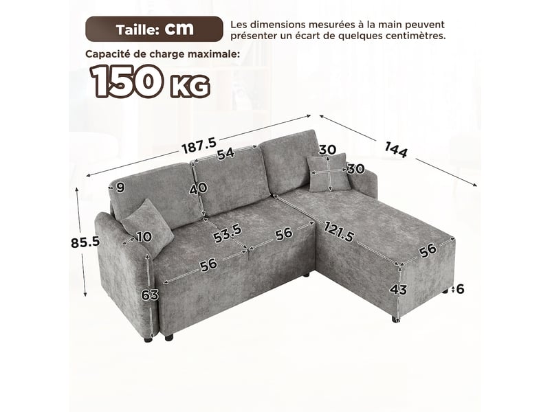  Canapé d'angle 3 places en l avec méridienne longue 144 cm - chenille grise, 2 coussins inclus  - Conforama C
