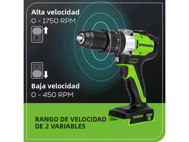  Perceuse à percussion greenworks – 24 v, moteur sans balais, mandrin métallique de 12 pouce, 0-1750 trmin, livrée avec batterie et chargeur rapide.  - Conforama B