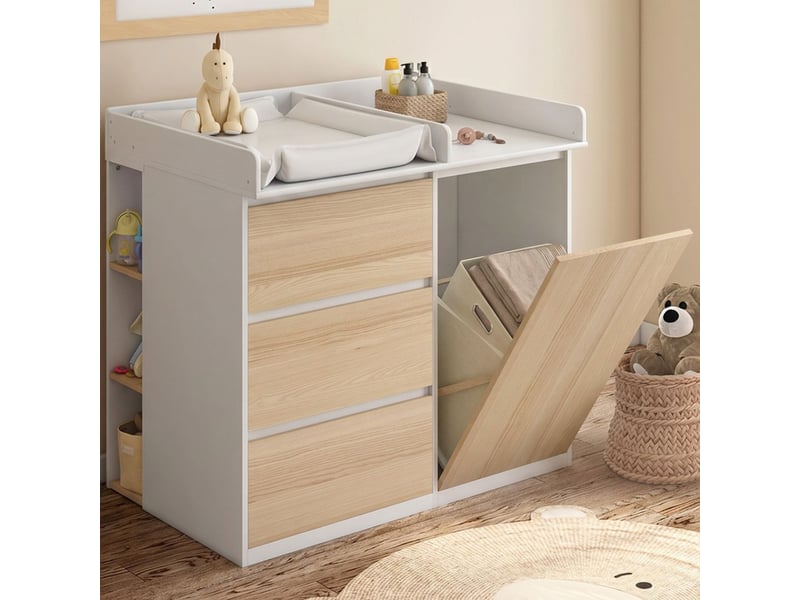  Commode à langer évolutive ambre façon hêtre et blanc 3 tiroirs, 1 panier à linge, table à langer et 2 étagères amovibles  - Conforama B