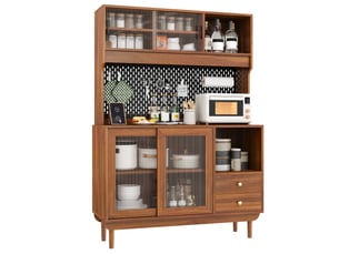 Buffet de cuisine avec 4 portes coulissantes en verre strié et 2 tiroirs, panneau perforé, pour cuisine, 117×30×170 cm