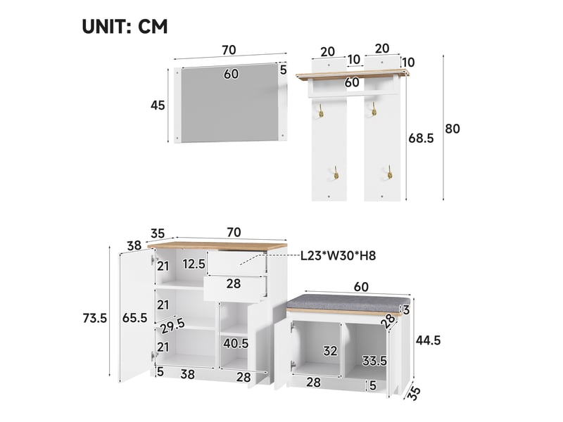 Vestiaire d'entrée avec miroir, tiroirs et banc à chaussures 130x35x124.5 cm N657P49203435W - Conforama C