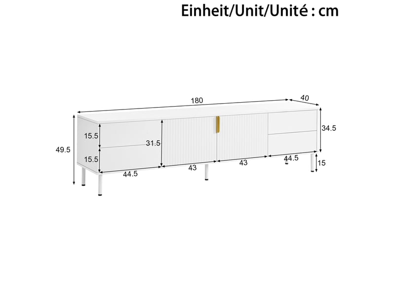  Meuble tv blanc 180 cm avec 4 tiroirs, portes rainurées et passe-câbles, style scandinave pour le salon  - Conforama C