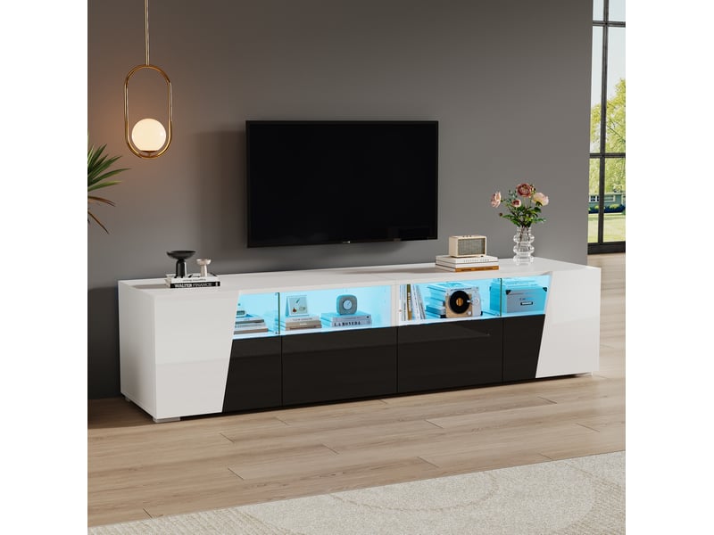  Meuble tv 180 x 38,5 x 45 cm avec led, 2 tiroirs, 2 portes, blanc et noir  - Conforama D