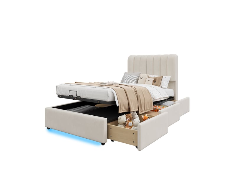  Lit enfant avec rangement, 3 tiroirs et éclairage led, velours beige, 90 x 200 cm  - Conforama A