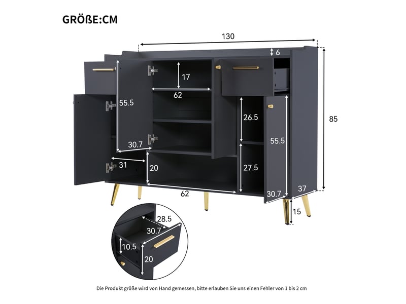  Meuble à chaussures 130x37x100 cm avec 2 tiroirs, 4 portes et niche, panneau de particules noir  - Conforama C