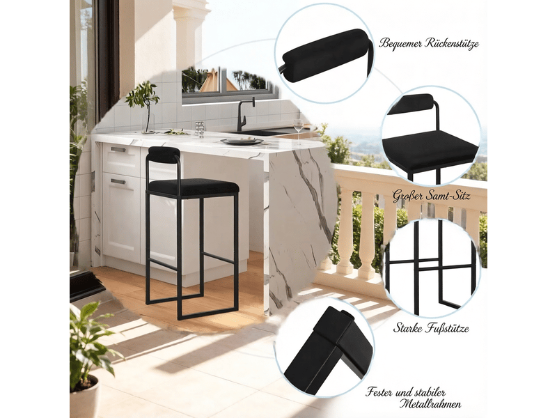  Tabouret de bar 2 pièces avec dossier ergonomique, repose-pieds et assise rembourrée en velours noir  - Conforama E