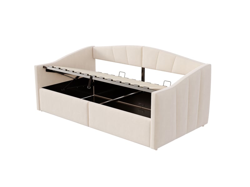  Lit enfant 90 x 200 cm rangement sommier à lattes accoudoirs dossier rayé tissu velours beige sans matelas  - Conforama E